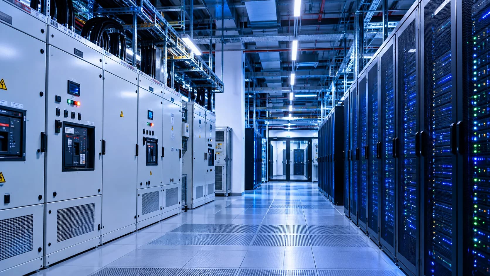 Data-centre aisle between electrical distribution equipment and server racks.