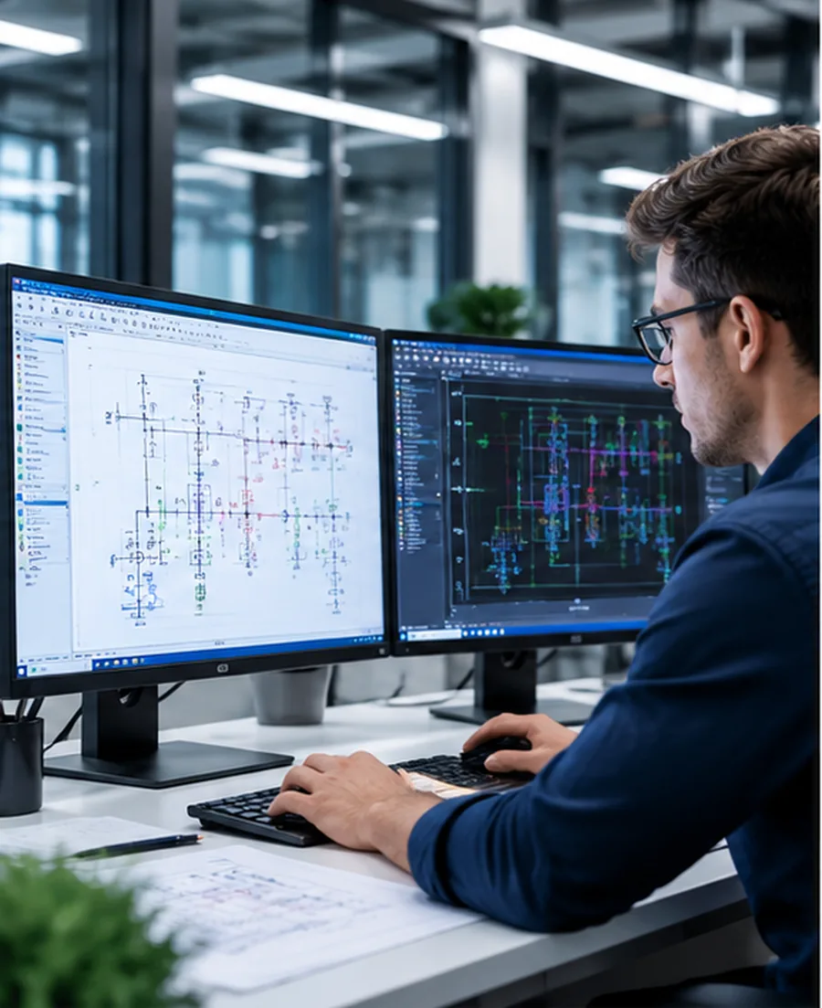 Engineer reviewing electrical drawings at a dual-screen workstation.