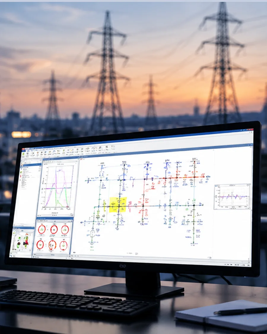 Power-system model on a monitor with transmission pylons in the background.