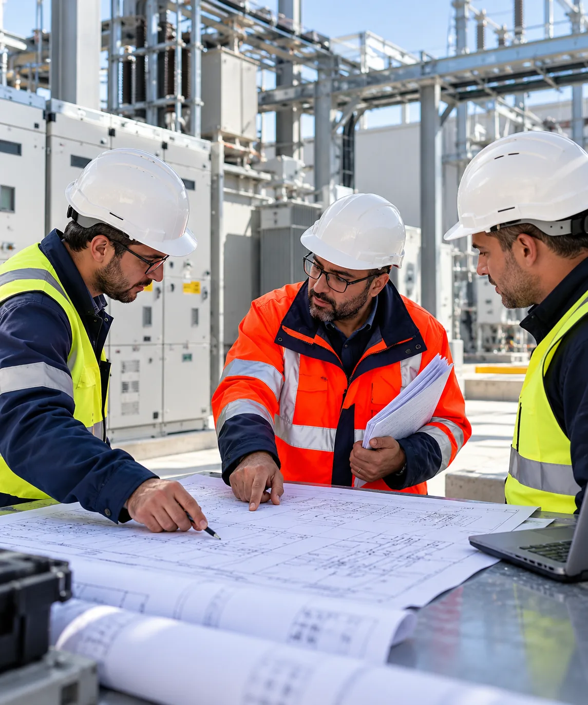 Engineers reviewing drawings at an outdoor electrical substation.